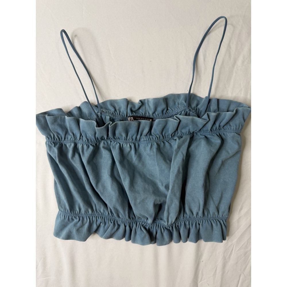 ZARA Womens Blue Ruffle Crop Top Cami Size‎ S Stretchy Sleeveless